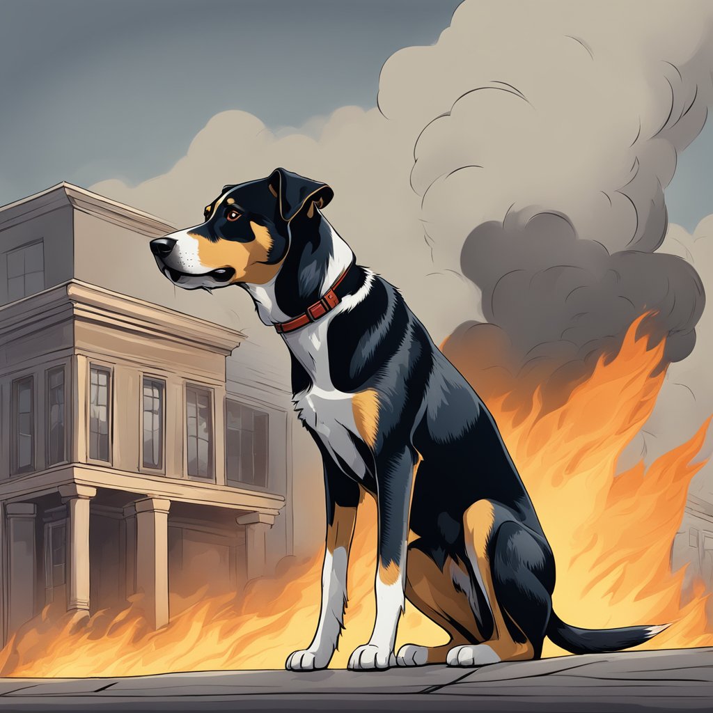 A loyal dog standing bravely in front of a burning building, ready to rescue those trapped inside