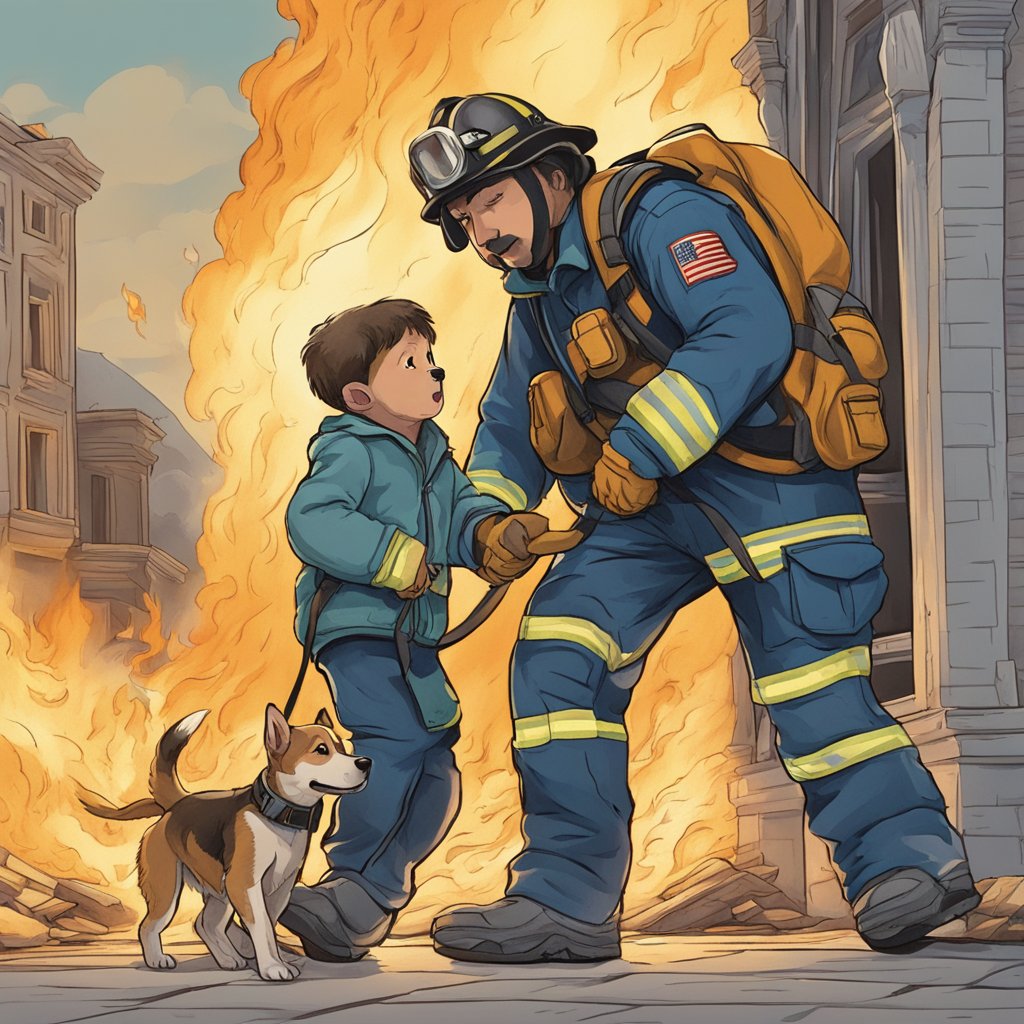 A brave dog rescuing a child from a burning building