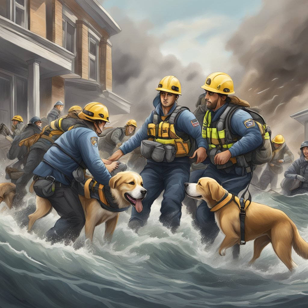 A group of dogs rescuing people from a disaster, showing bravery and loyalty