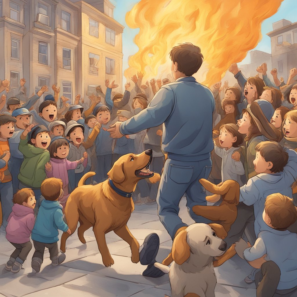 A loyal dog rescues a child from a burning building, surrounded by cheering onlookers