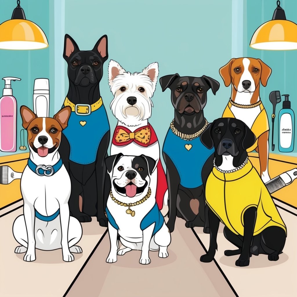 A group of stylishly dressed dogs posing on a runway, showcasing the latest in dog fashion and accessories. Grooming products and pampering tools are displayed in the background