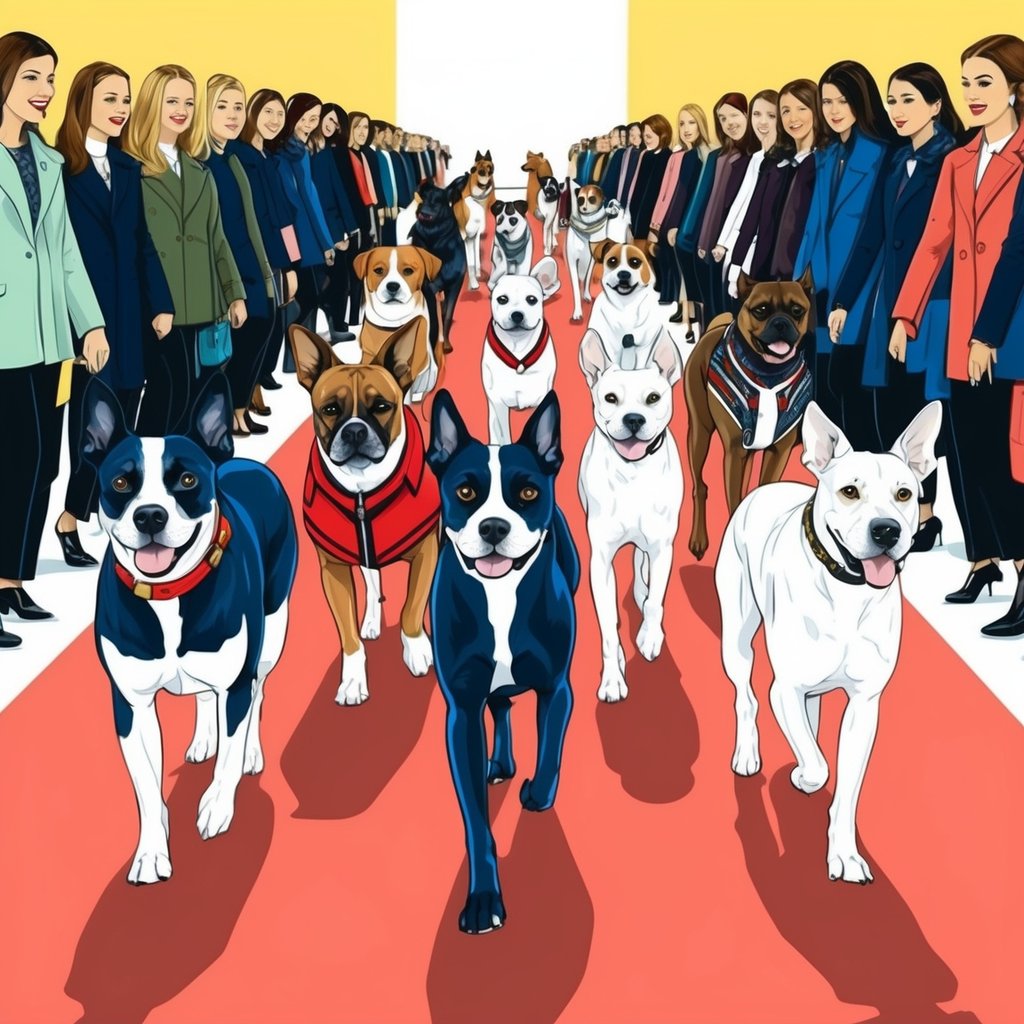 A group of stylishly dressed dogs strutting down a runway, showcasing the latest trends in dog fashion and care