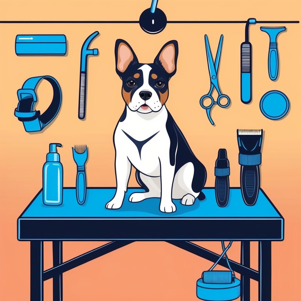 A stylish dog sitting on a grooming table with various grooming tools and fashionable accessories displayed around it