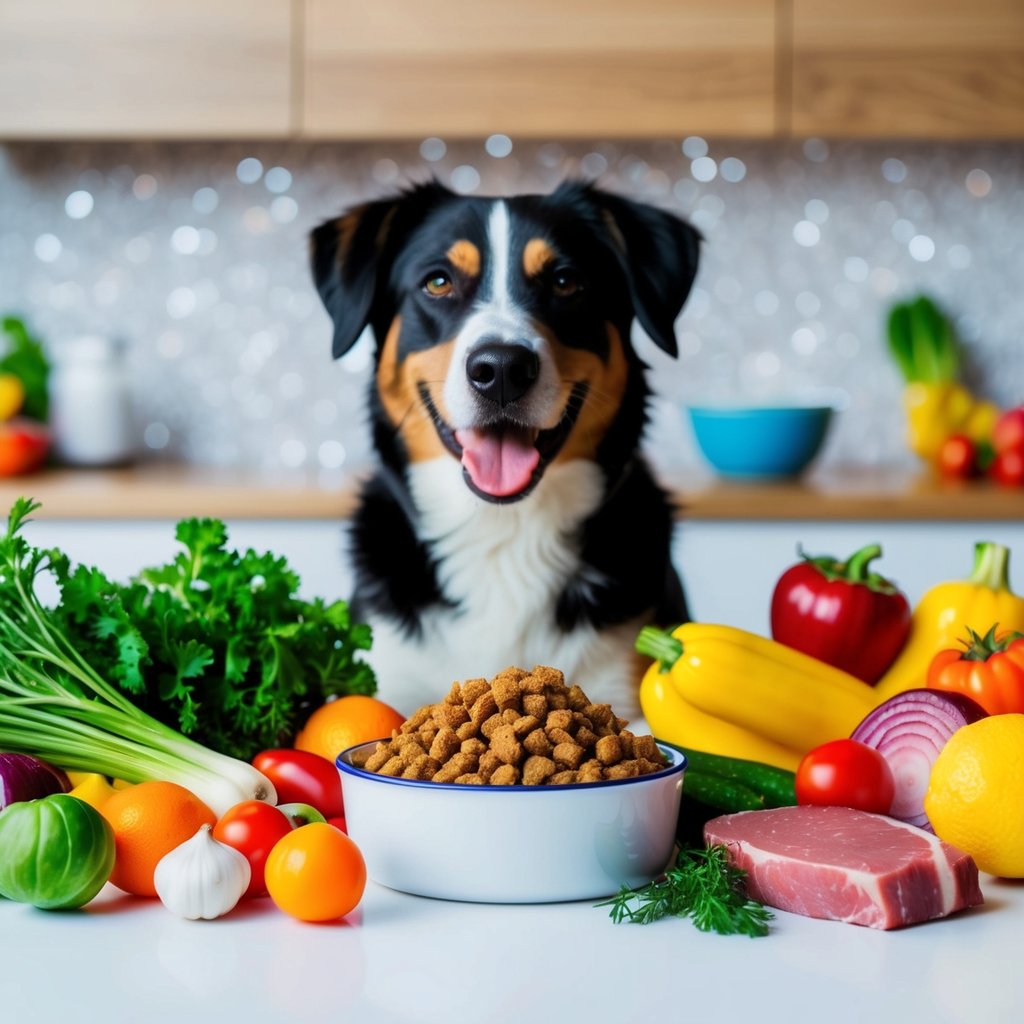 A happy dog surrounded by a variety of fresh, colorful ingredients like vegetables, fruits, and lean meats, with a bowl of homemade dog food in the foreground