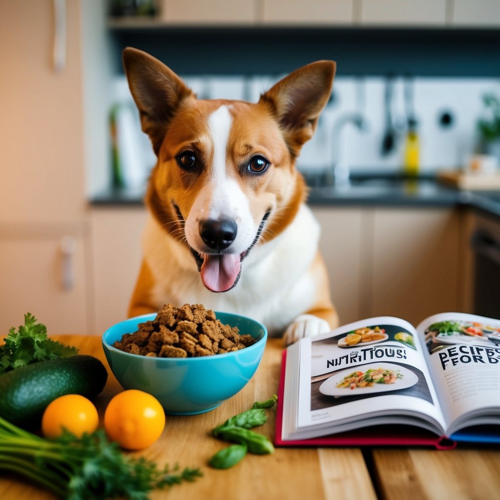 A happy dog eagerly eating a bowl of homemade dog food, surrounded by fresh ingredients and a cookbook open to a page titled "Nutritious and Delicious Recipes for Dogs."