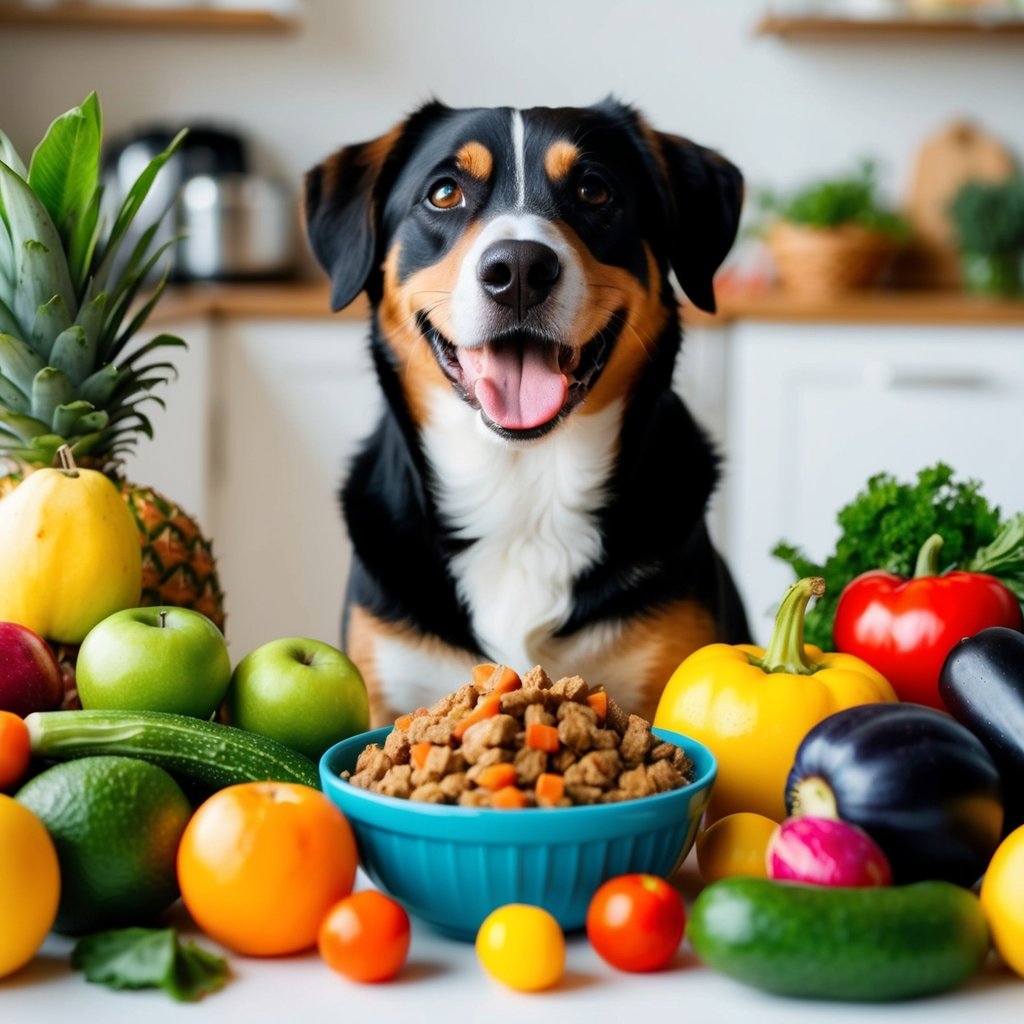 A happy dog surrounded by fresh, colorful fruits and vegetables, with a bowl of homemade dog food