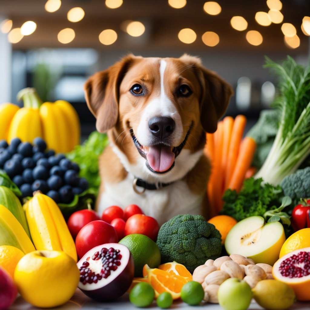 A happy dog surrounded by a variety of fresh, colorful fruits, vegetables, and high-quality proteins