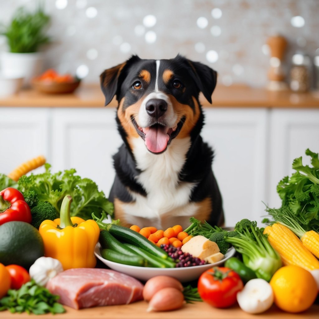 A happy dog surrounded by colorful and nutritious ingredients such as fresh vegetables, lean meats, and grains