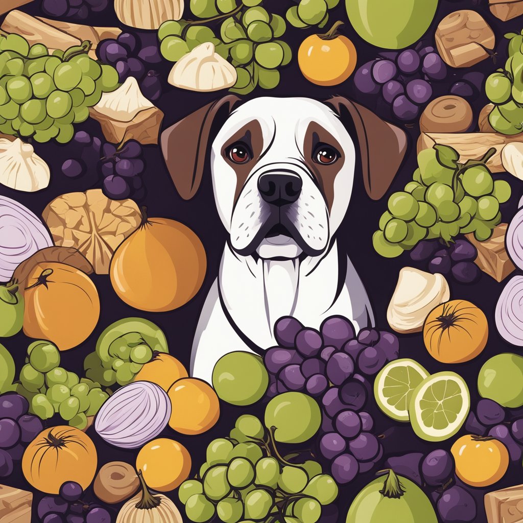 A dog surrounded by toxic foods like grapes, raisins, onions, garlic, and chocolate, with a sad and sick expression
