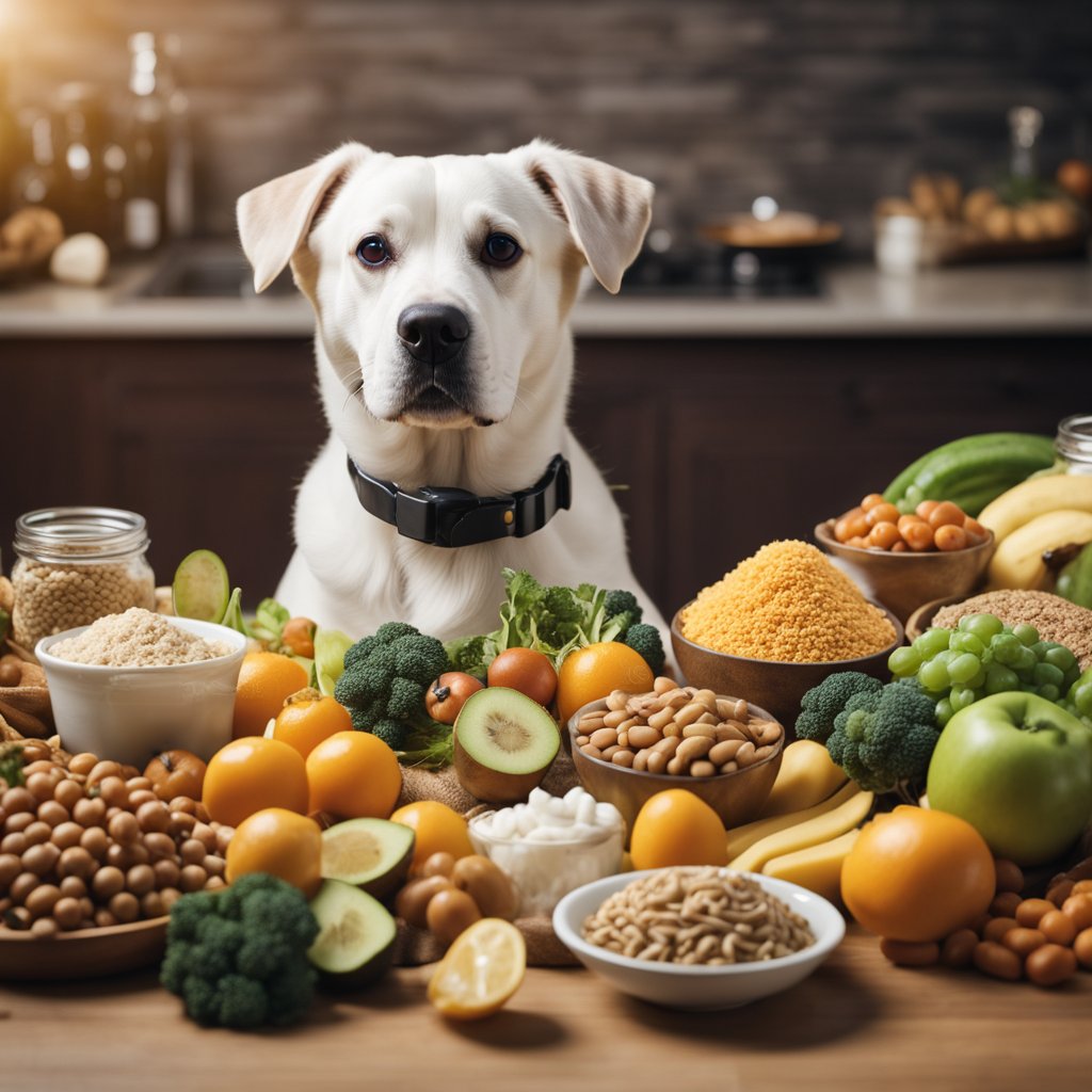 A dog surrounded by foods toxic to kidneys, with a clear depiction of the harmful ingredients