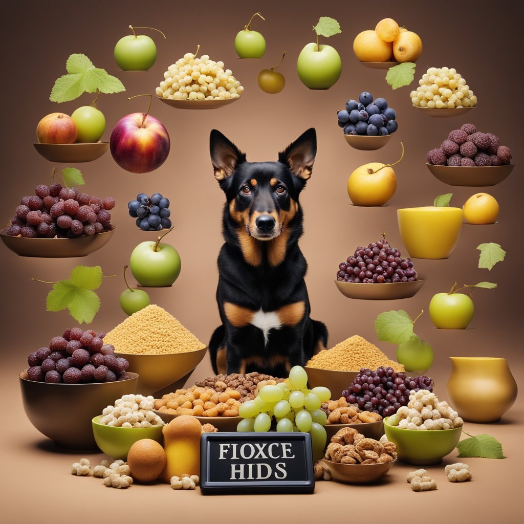 A dog surrounded by toxic foods for their kidneys, including grapes, raisins, and chocolate, with a warning sign nearby