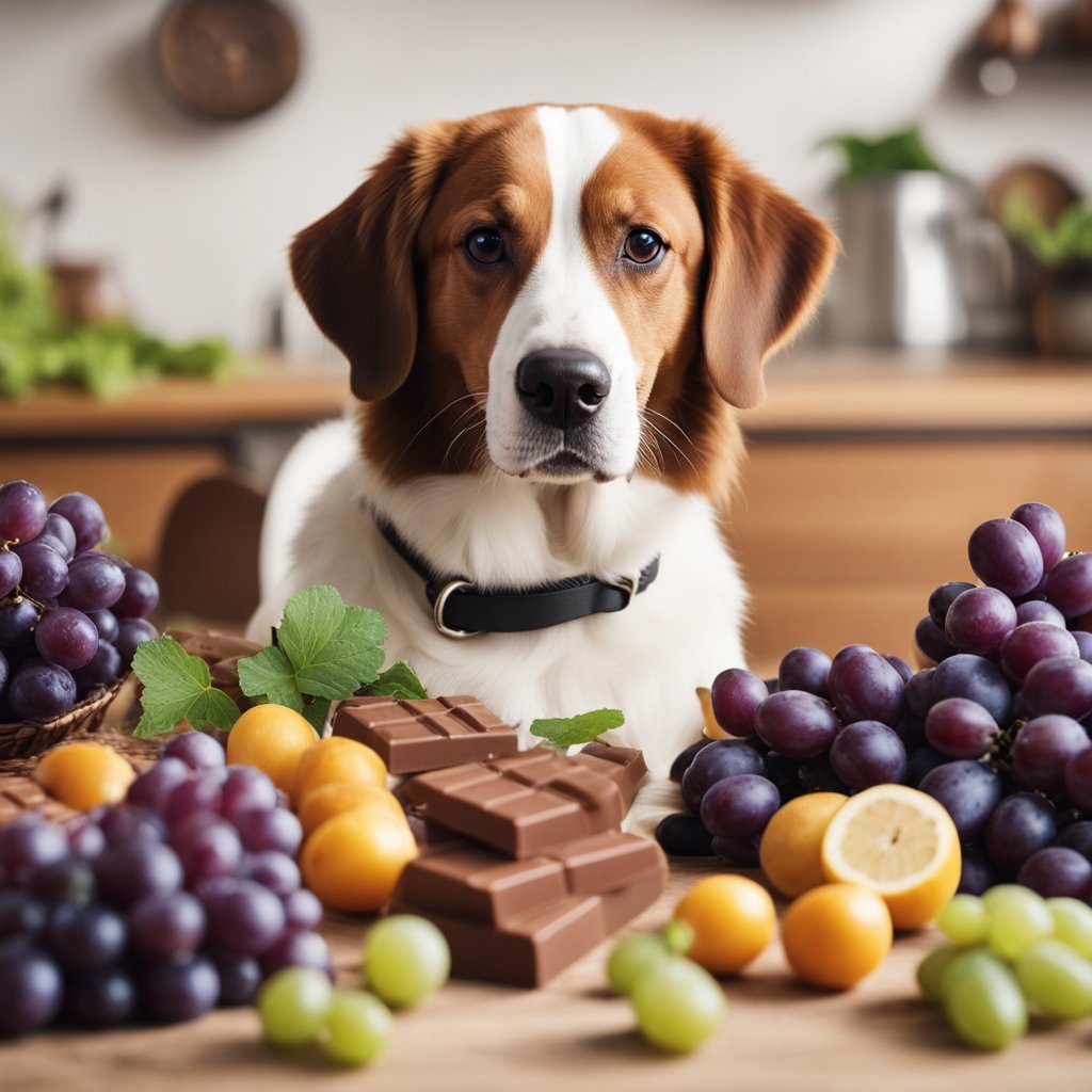 A dog surrounded by common harmful human foods like grapes, chocolate, and onions, with a kidney illustration highlighting the potential danger