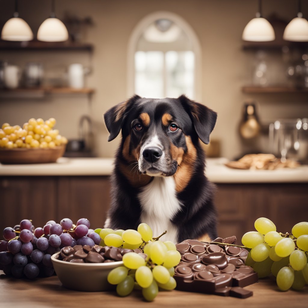 A dog surrounded by toxic foods like grapes and chocolate, with a warning sign nearby