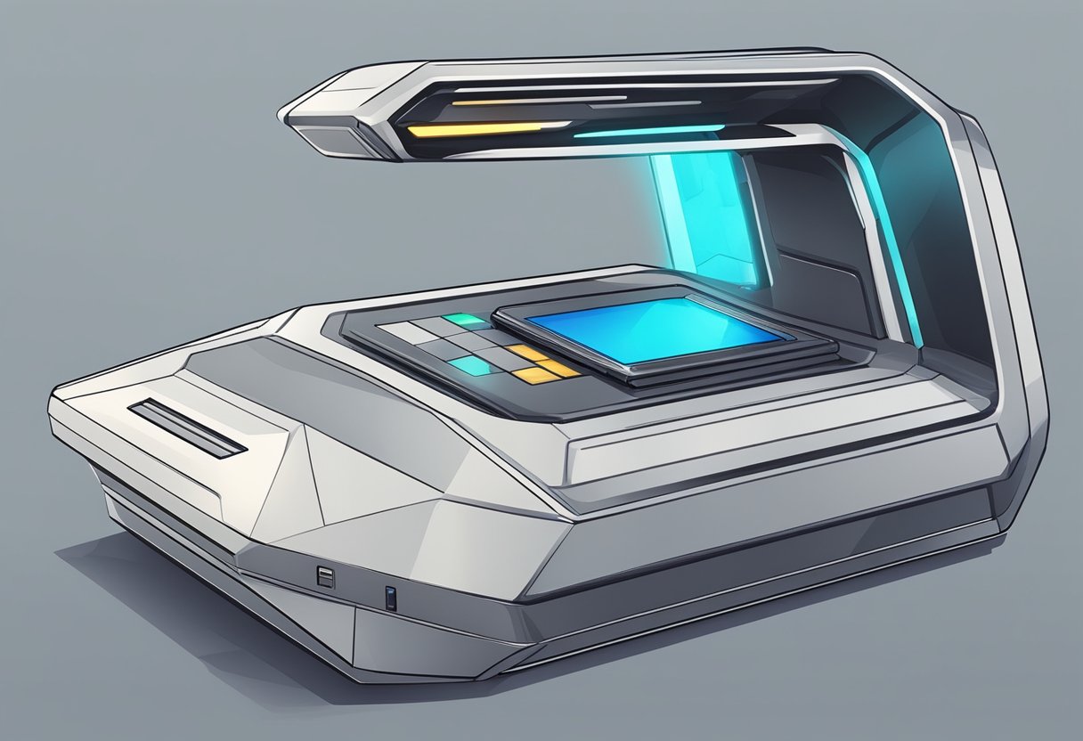 A futuristic, high-tech ID scanner with a glowing polygon-shaped interface