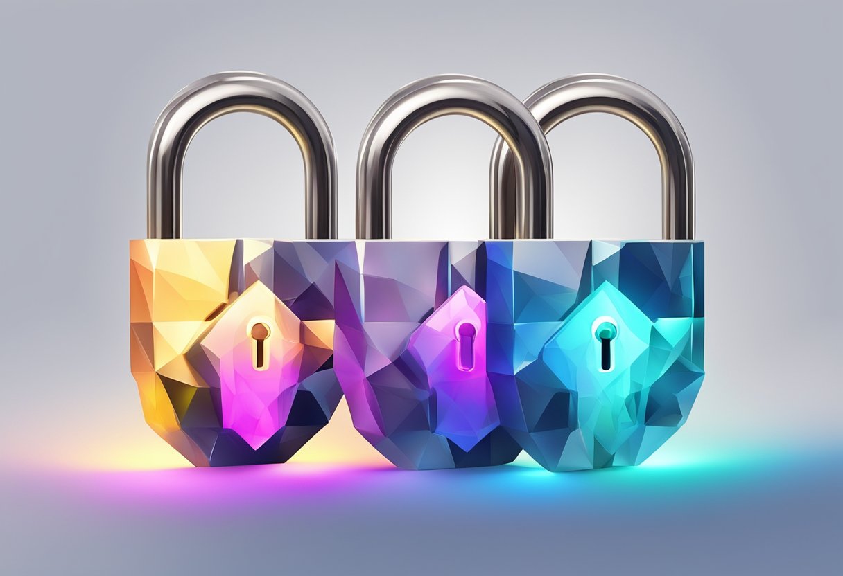 A lock with a key inserted, surrounded by a glowing polygonal shape