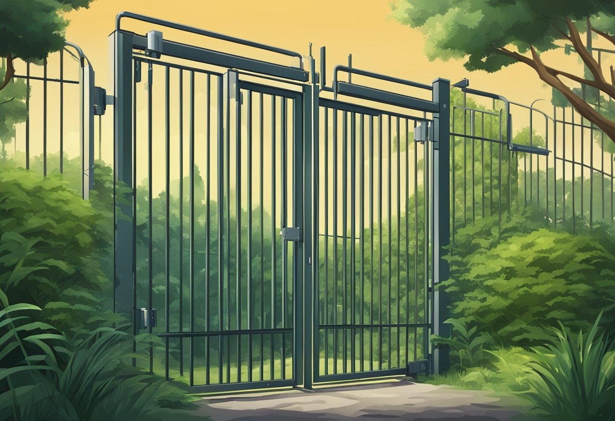 A locked gate with a high-tech security system, surrounded by a dense thicket and tall, impenetrable walls