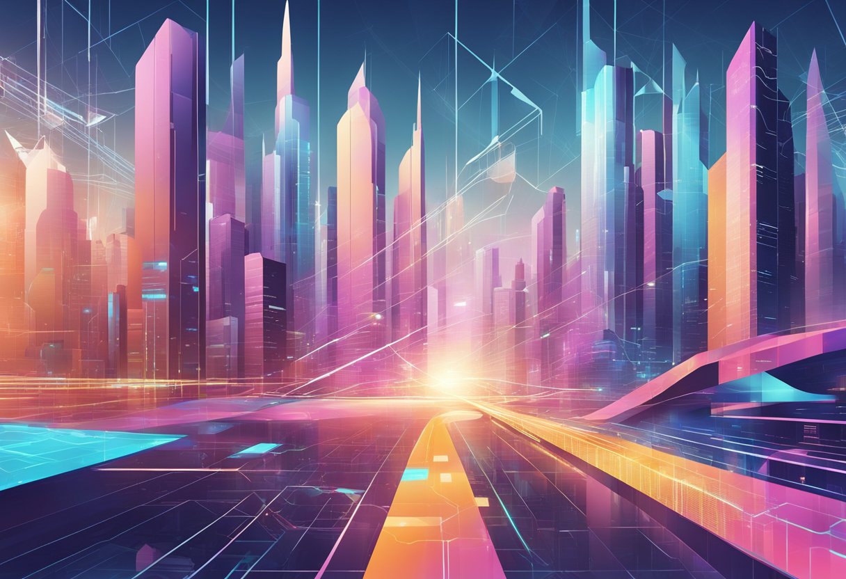 A futuristic, geometric cityscape with data streams and security symbols