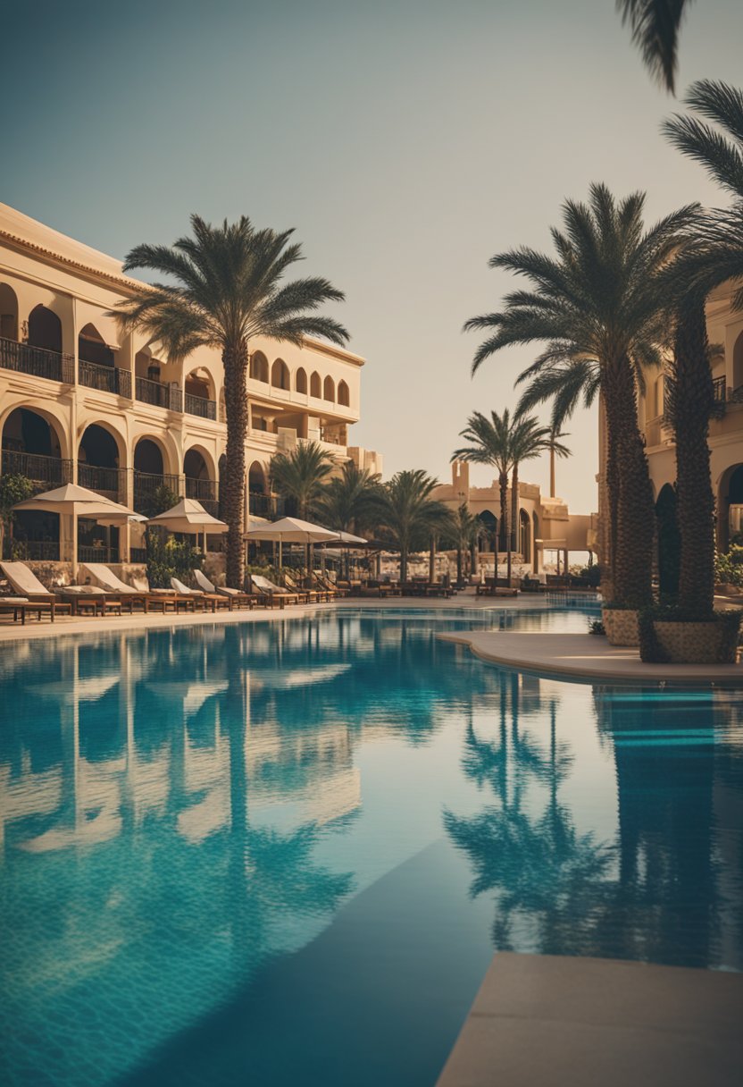 A lavish resort in Hurghada, with a pristine pool, palm trees, and elegant architecture overlooking the Red Sea