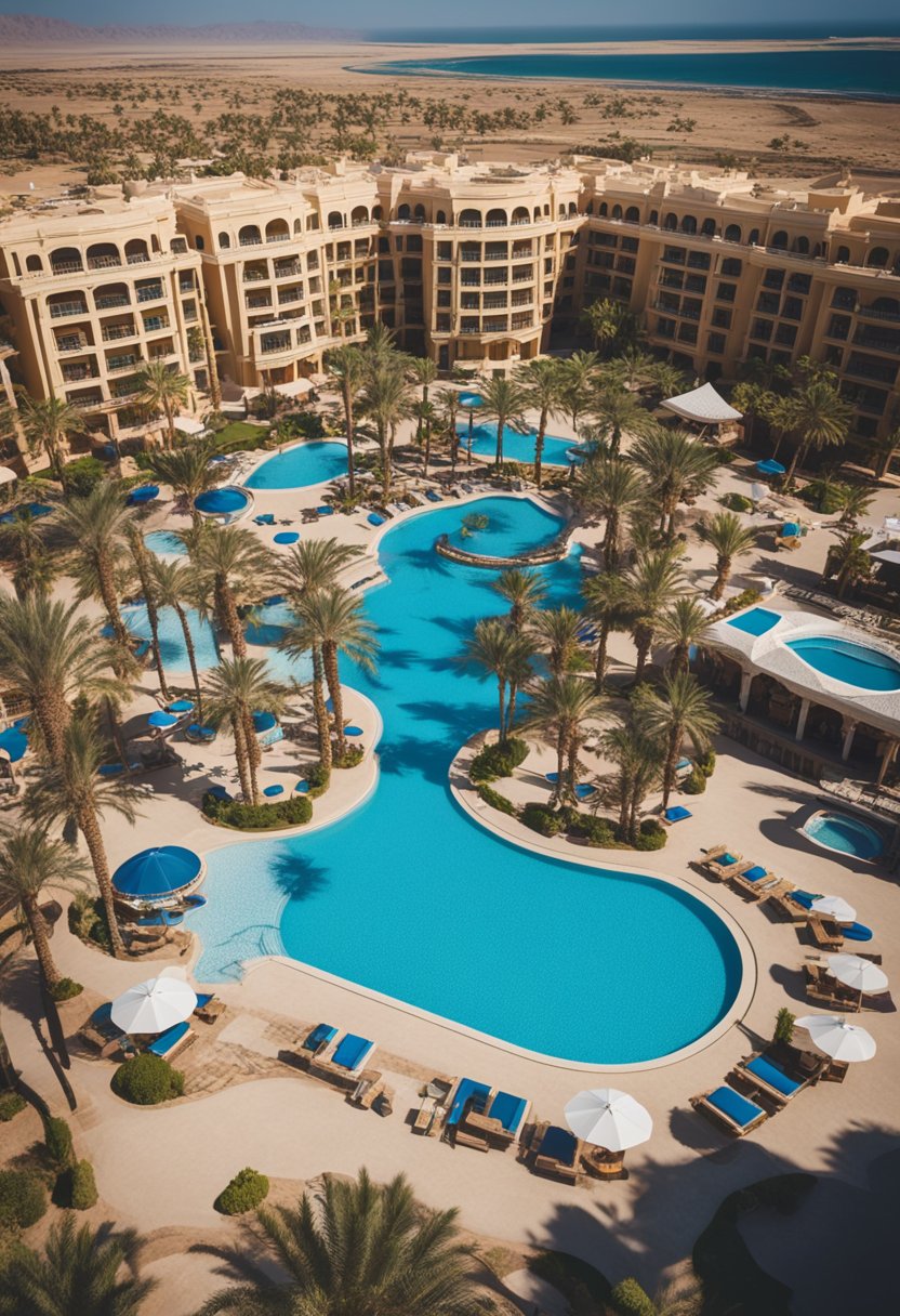 Aerial view of Hurghada's luxury hotels lining the pristine coastline, with sparkling pools, palm trees, and sun loungers,there are just so many Luxury Hotels in Hurghada Egypt