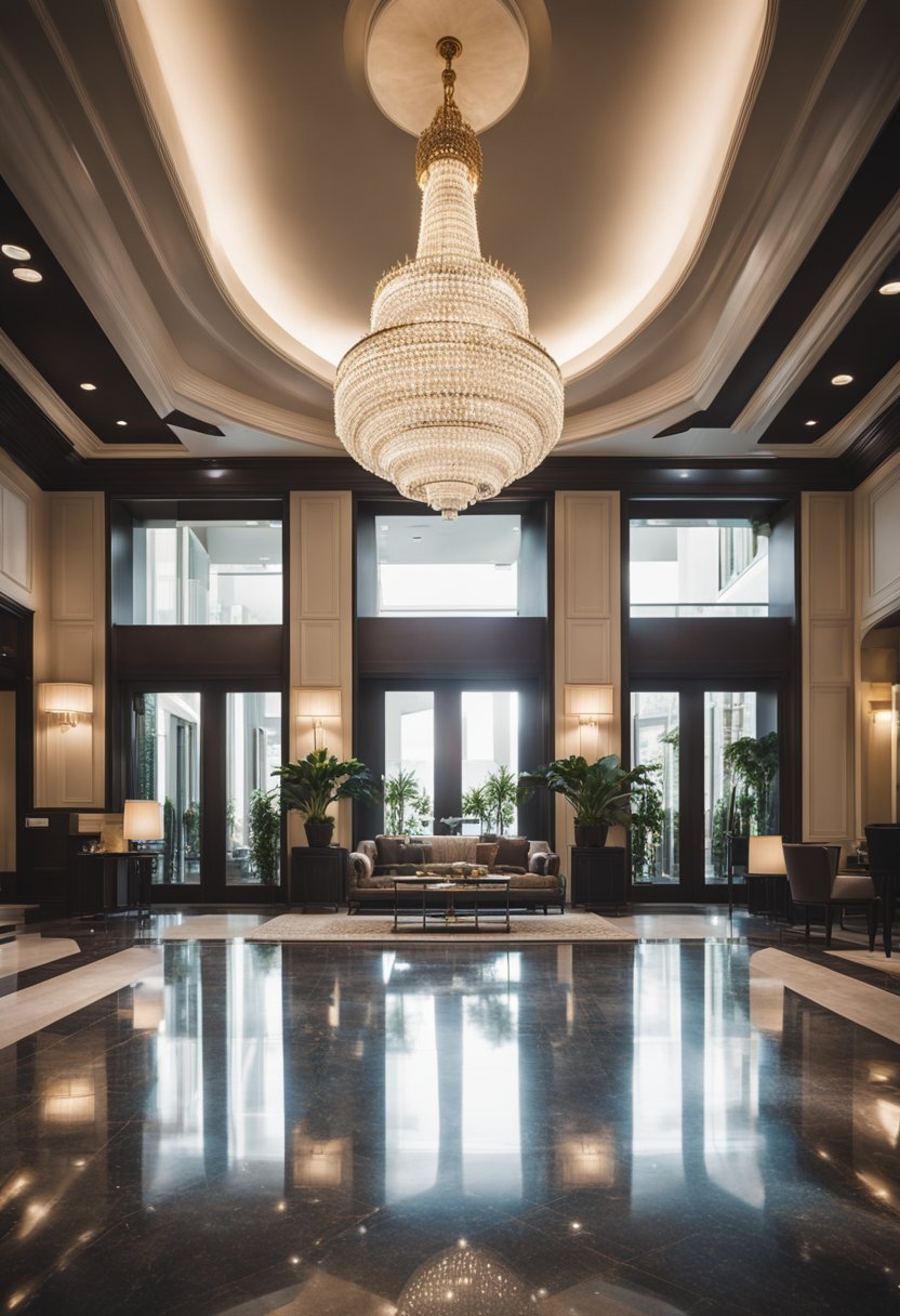 A lavish hotel lobby with a grand chandelier, marble floors, and plush seating. A concierge desk and elegant decor complete the luxurious ambiance