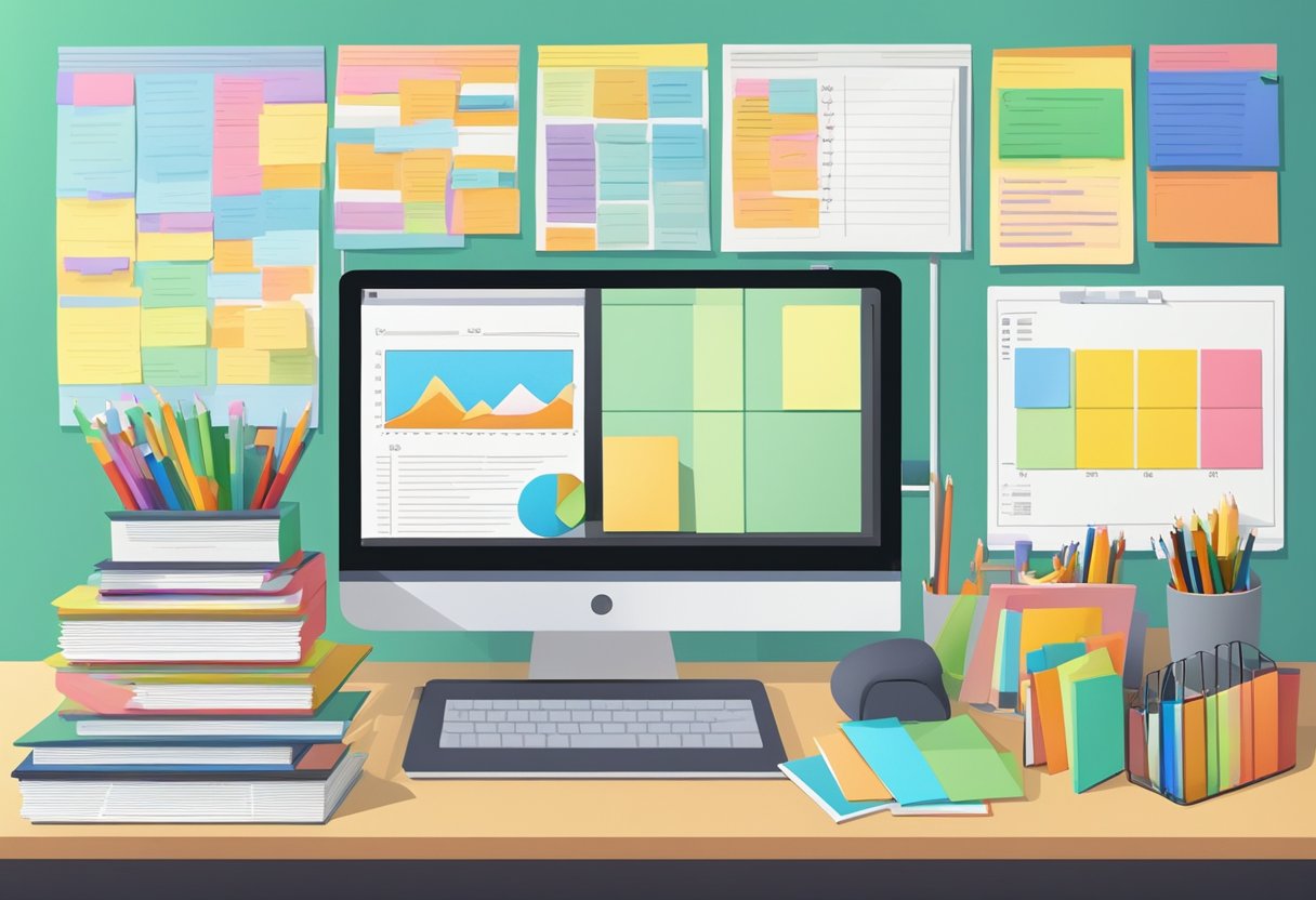 A colorful, organized bulletin board filled with charts, diagrams, and sticky notes. A bookshelf filled with reference materials and a computer displaying educational content