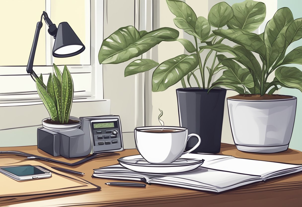 A cozy office desk with a cup of tea, a potted plant, and a timer set for a break