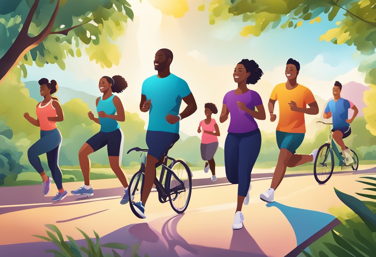 A group of diverse people engaging in various physical activities like jogging, cycling, yoga, and dancing in a vibrant outdoor setting