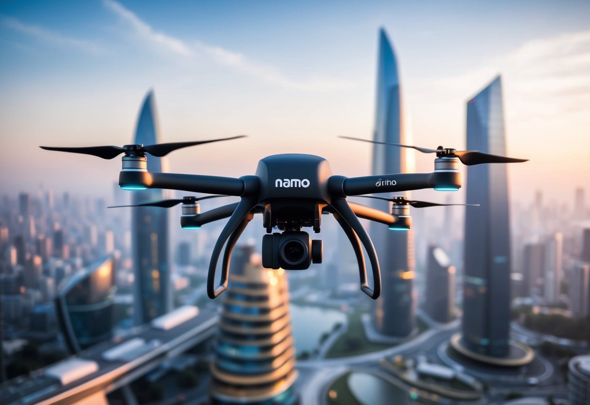 A sleek drone hovers above a bustling city, with futuristic buildings in the background. The Namo Drone Didi logo is prominently displayed on the side of the drone