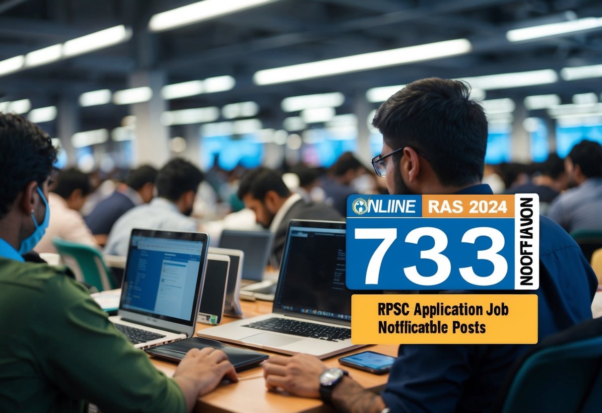 A crowded online job application website with RPSC RAS 2024 notification and 733 available posts