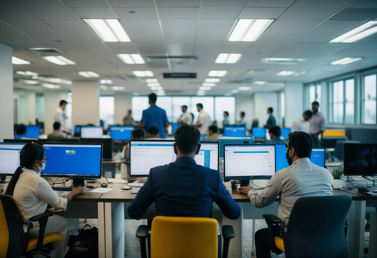 A busy office with people applying online for NABARD Office Attendant Recruitment 2024. Computer screens, desks, and chairs