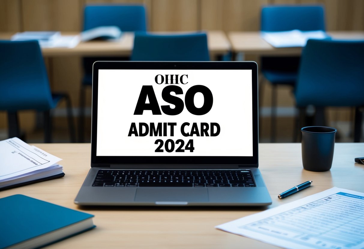 A desk with a laptop displaying "OHC ASO Admit Card 2024" and a printed exam scheme and paper pattern