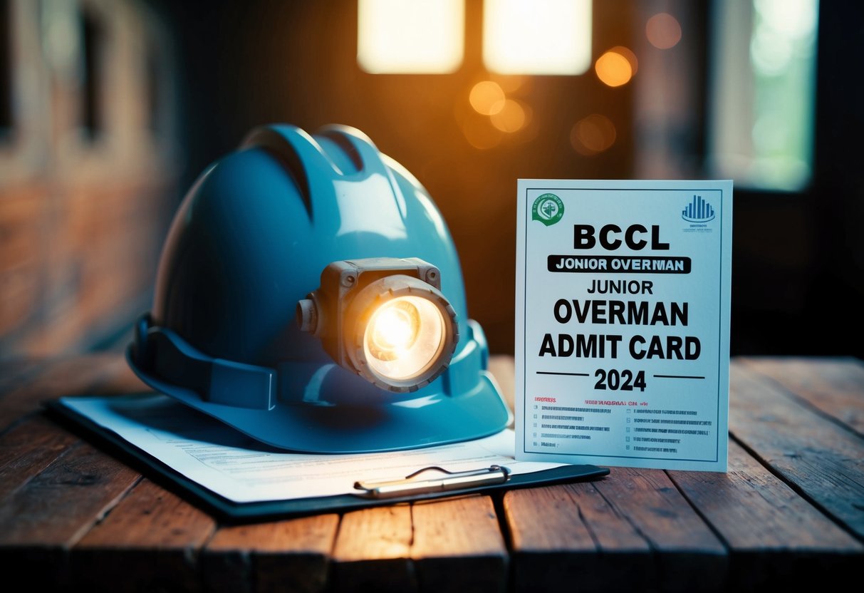 A mining helmet with a glowing headlamp sits on a rustic wooden table, next to a printed BCCL Junior Overman Admit Card for 2024