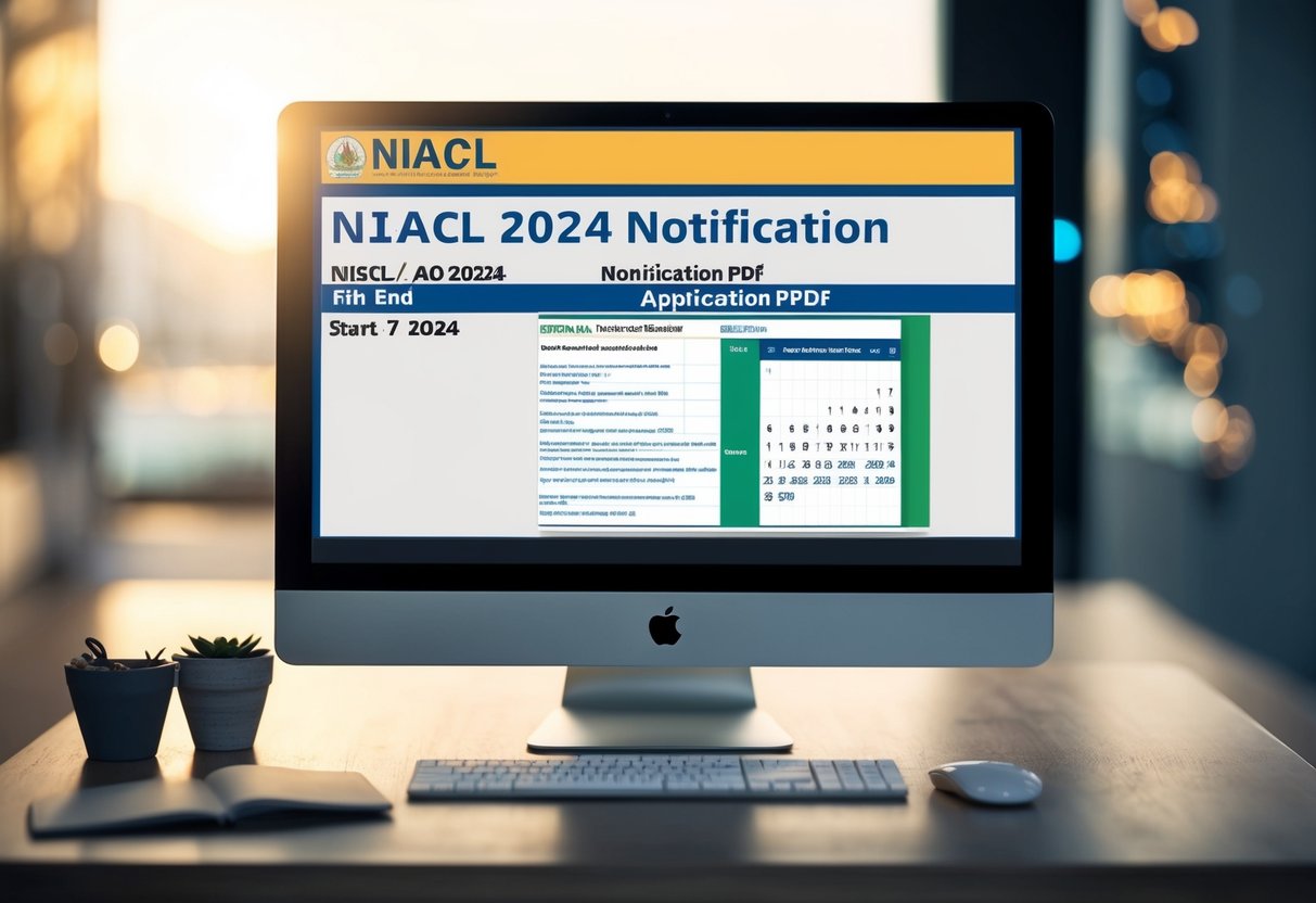 A computer screen displaying the NIACL AO 2024 notification PDF, with a calendar showing the application start and end dates