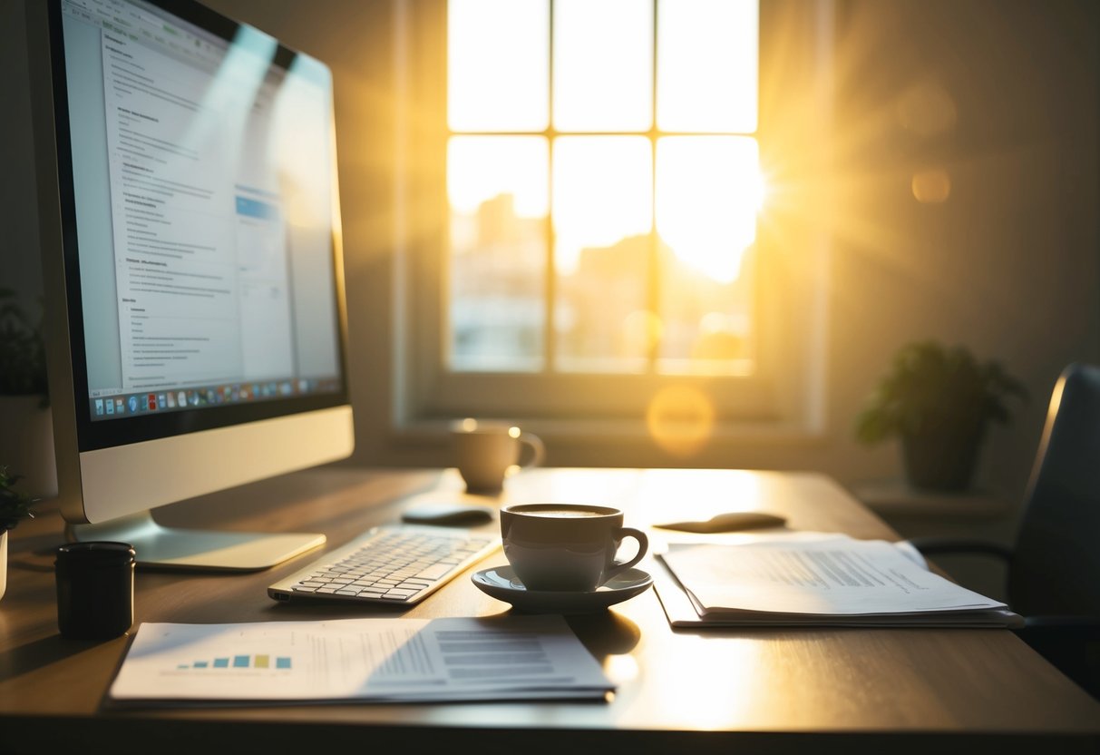 A desk with a computer, papers, and a cup of coffee. Sunlight streams in through a window, casting a warm glow on the scene