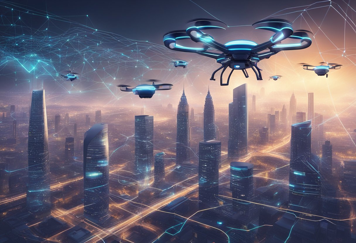 A futuristic city skyline with AI-powered drones flying above, while a network of interconnected data streams pulsates below