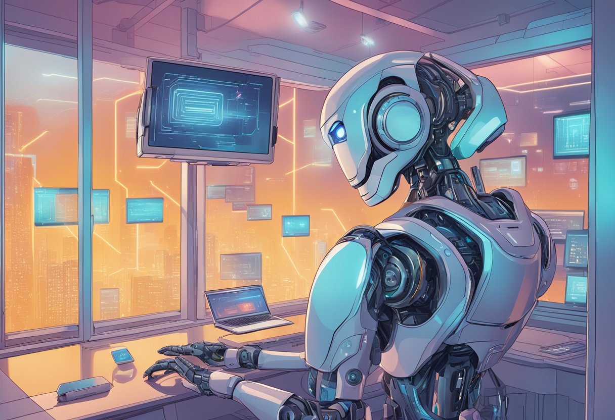 An AI robot conversing with a human, surrounded by futuristic technology and digital screens