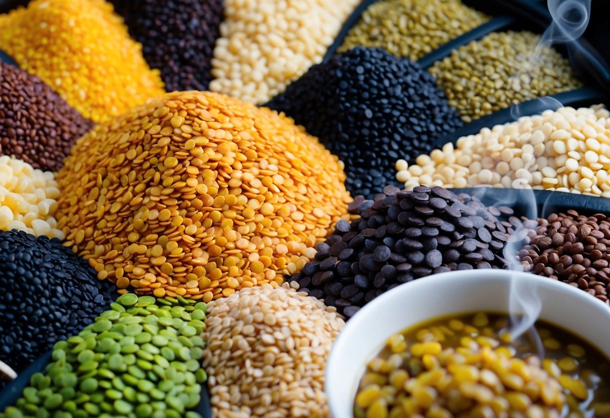 A colorful assortment of lentils arranged in a circular pattern, with their varied shapes and sizes on display. A bowl of cooked lentils sits nearby, steam rising from the warm dish