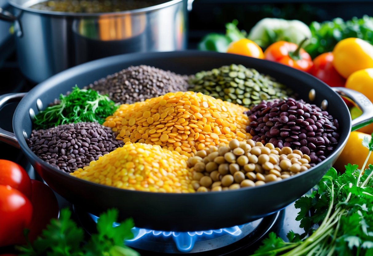 A colorful array of lentils in different sizes and hues, surrounded by fresh vegetables and herbs, with a pot simmering on a stove