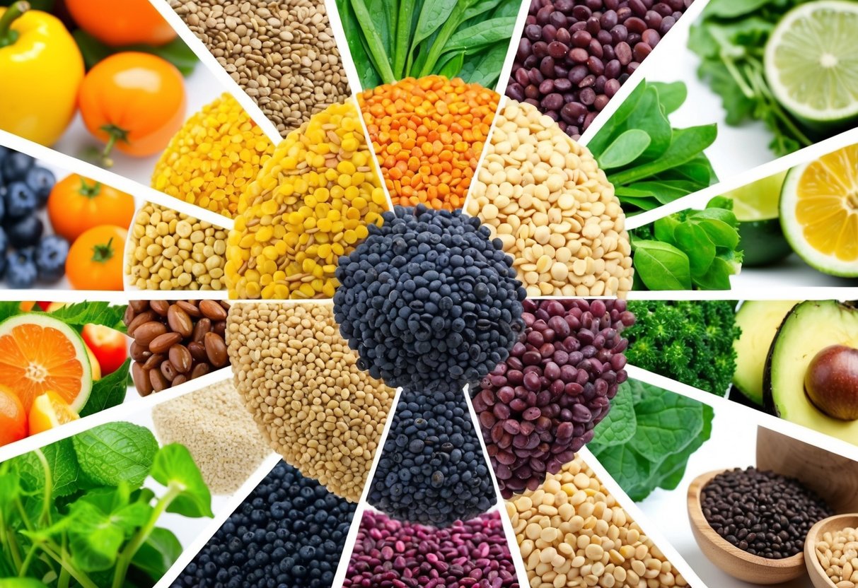 A colorful array of lentils in different varieties, surrounded by images of healthy foods and natural elements to represent sustainability