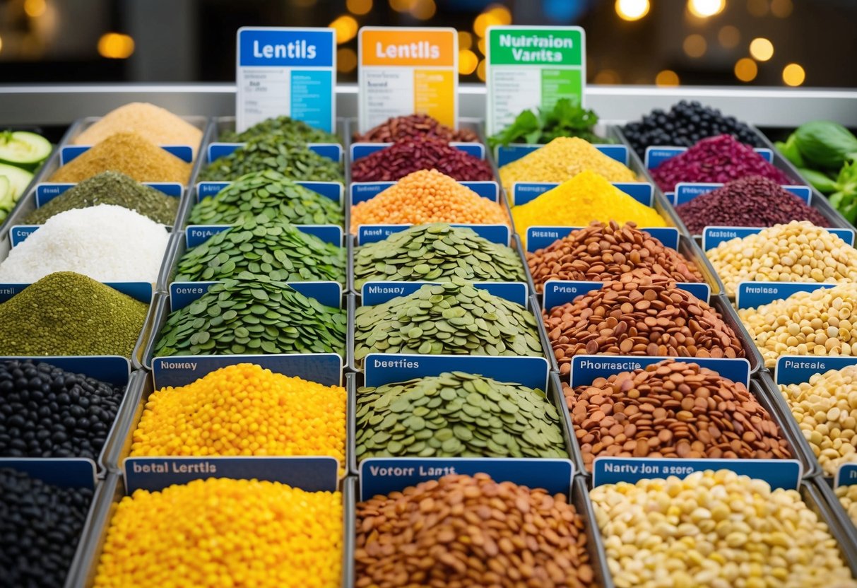 A colorful array of lentils arranged in rows, with labels indicating different varieties. Nutritional information displayed nearby