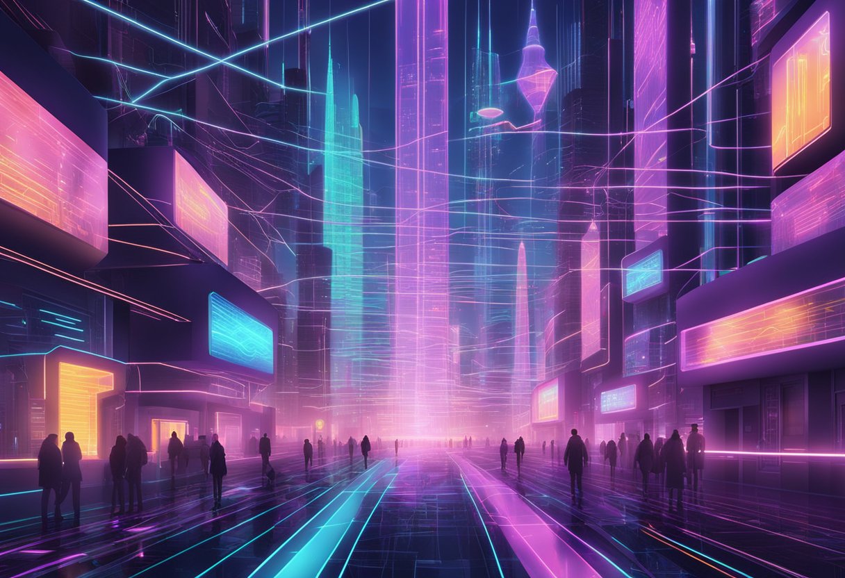 A futuristic cityscape with glowing neon signs and holographic projections, surrounded by a network of swirling data streams and encrypted pathways