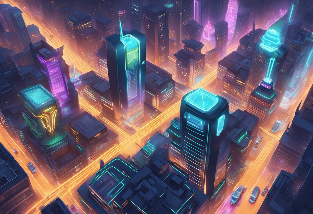 A futuristic cityscape with towering buildings, glowing neon signs, and sleek hover vehicles navigating through the bustling streets