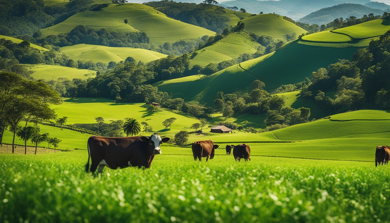 Uma pitoresca fazenda brasileira com pastagens verdes e vacas pastando, cercada por colinas onduladas e um c&eacute;u azul claro.