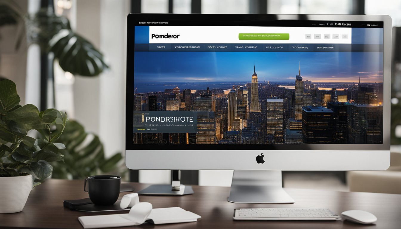 A computer screen displaying Pondershort.com's homepage with various core features highlighted and the website's logo prominently featured