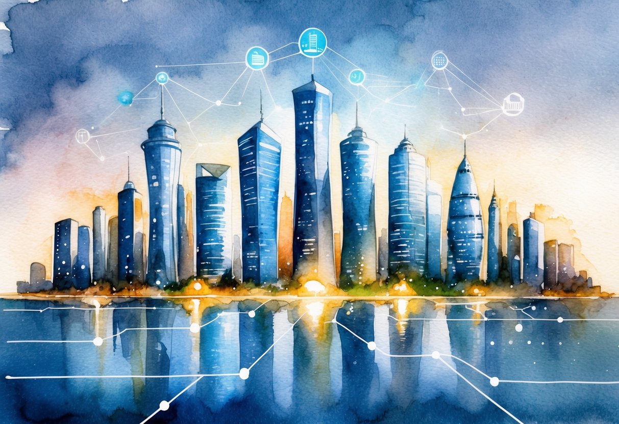 A futuristic city skyline with interconnected buildings and glowing lights, showcasing the integration of smart building technology into modern infrastructure