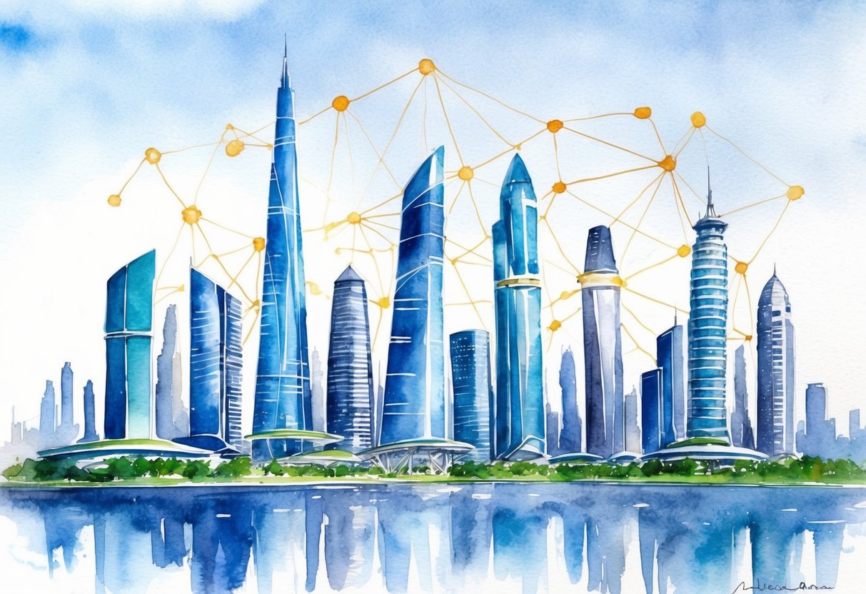 A modern city skyline with sleek, futuristic skyscrapers interconnected by a network of glowing, intelligent infrastructure