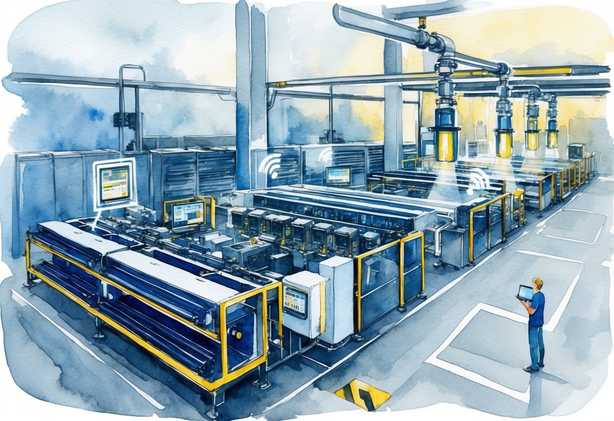 A digital twin of a factory floor, with sensors and data flowing to a virtual replica, connected via IoT technology