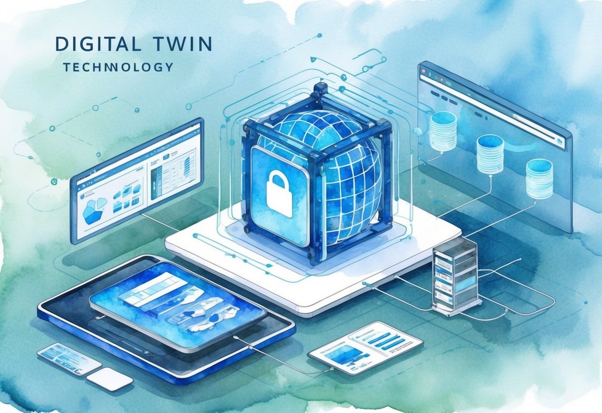 A digital twin technology: a virtual replica of a physical object or system, depicted through a computer-generated 3D model with data visualization and analysis capabilities