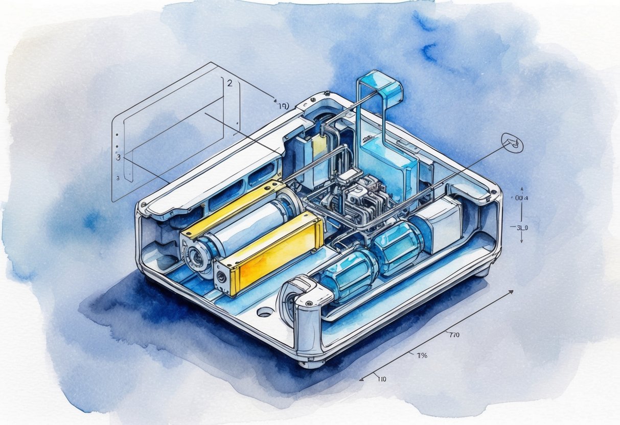 A digital twin of a product is depicted as a three-dimensional model, showing its physical attributes, internal components, and real-time data integration