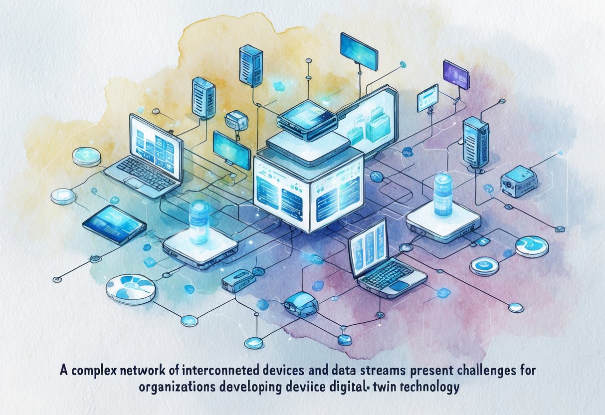 A complex network of interconnected devices and data streams presents challenges for organizations developing digital-twin technology